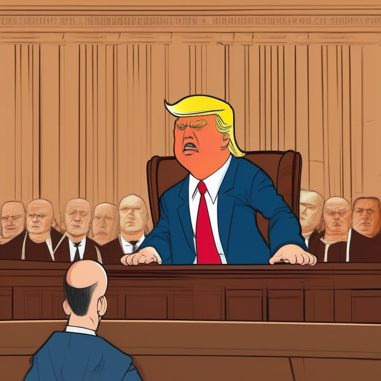 A cartoon image of Donald Trump angry and frightened sitting in a courtroom.