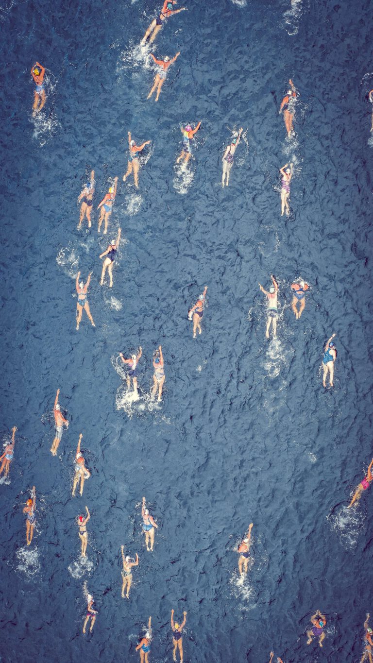 A group of people swimming in the cold water.