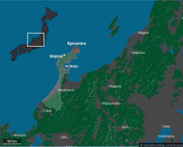 A map showing the location of japan and the epicentre of the earthquake 01.01.2024.